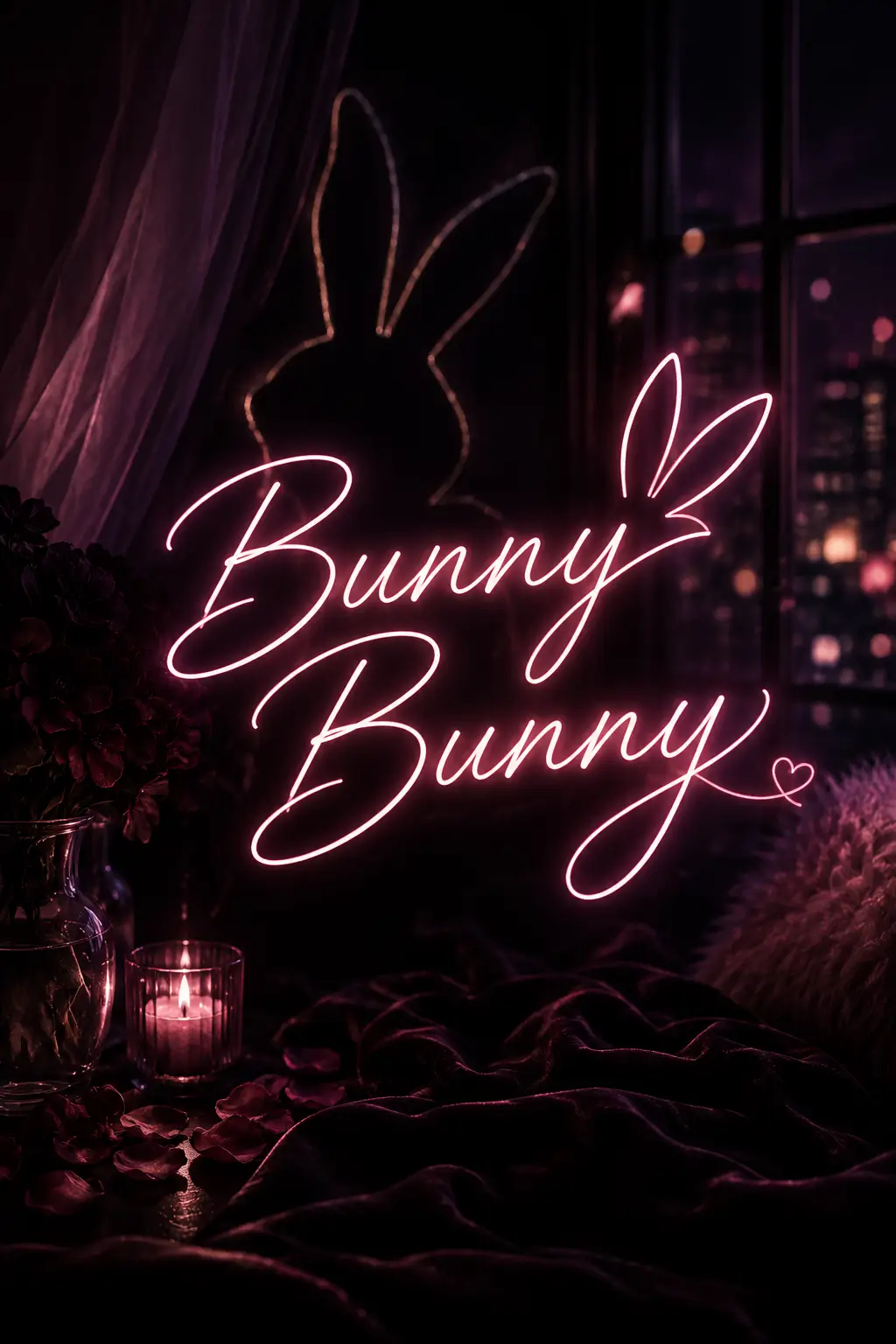 Bunny Bunny – AsianGL original artwork with neon pink lettering, bunny silhouettes, candlelight, and a moody nighttime bedroom