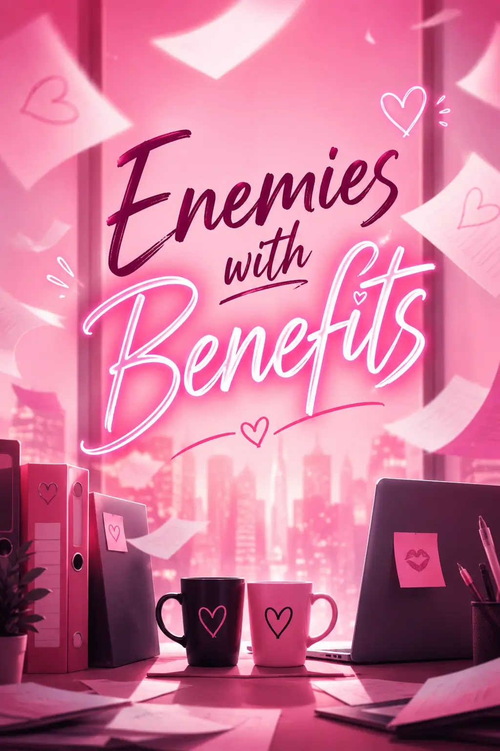 Enemies with Benefits – AsianGL original artwork with a playful pink office setting, floating notes, and matching coffee mugs