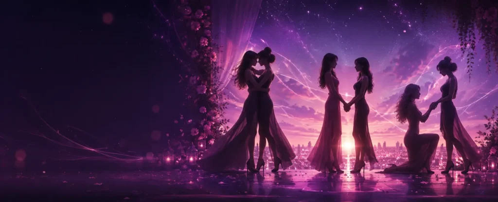 AsianGL homepage hero artwork featuring three romantic women couples in silhouette, embracing, holding hands, and kneeling beneath a glowing pink-purple twilight sky
