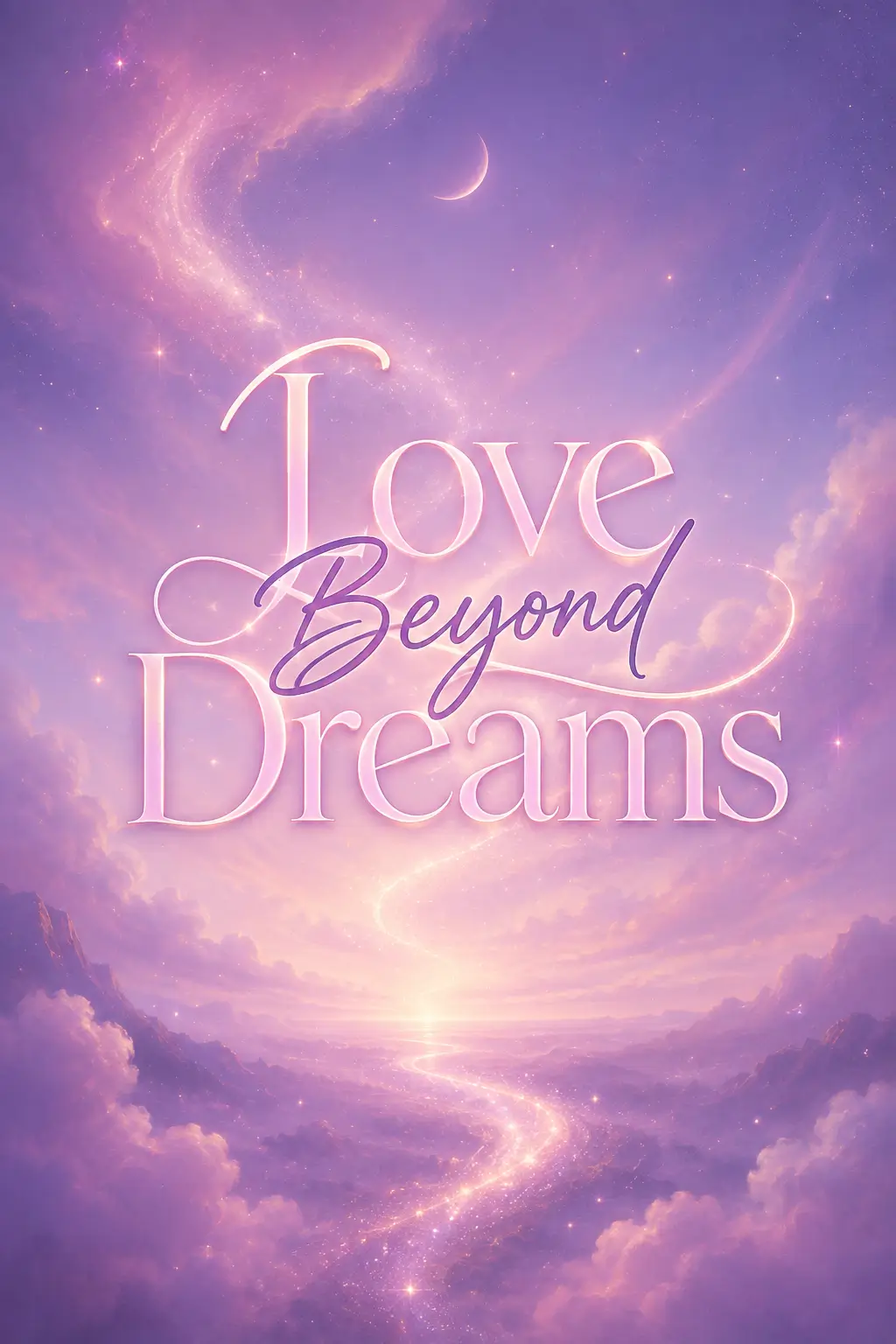 Love Beyond Dreams – AsianGL original artwork with a lavender celestial sky, crescent moon, clouds, and a glowing path through the stars