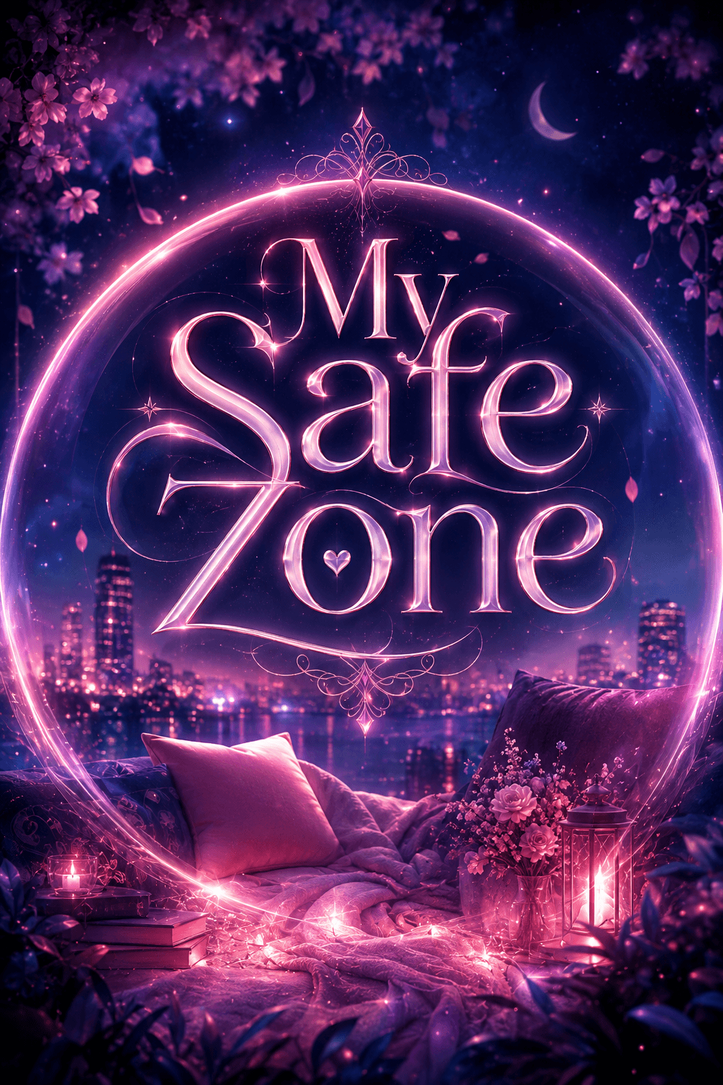 My Safe Zone – AsianGL original title artwork with a dreamy pink night scene and city skyline