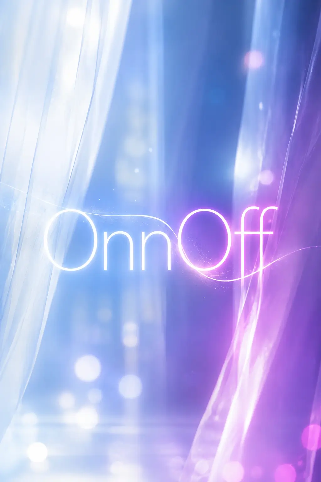 OnnOff – AsianGL original artwork with dreamy blue and violet light, soft curtains, and glowing minimalist lettering
