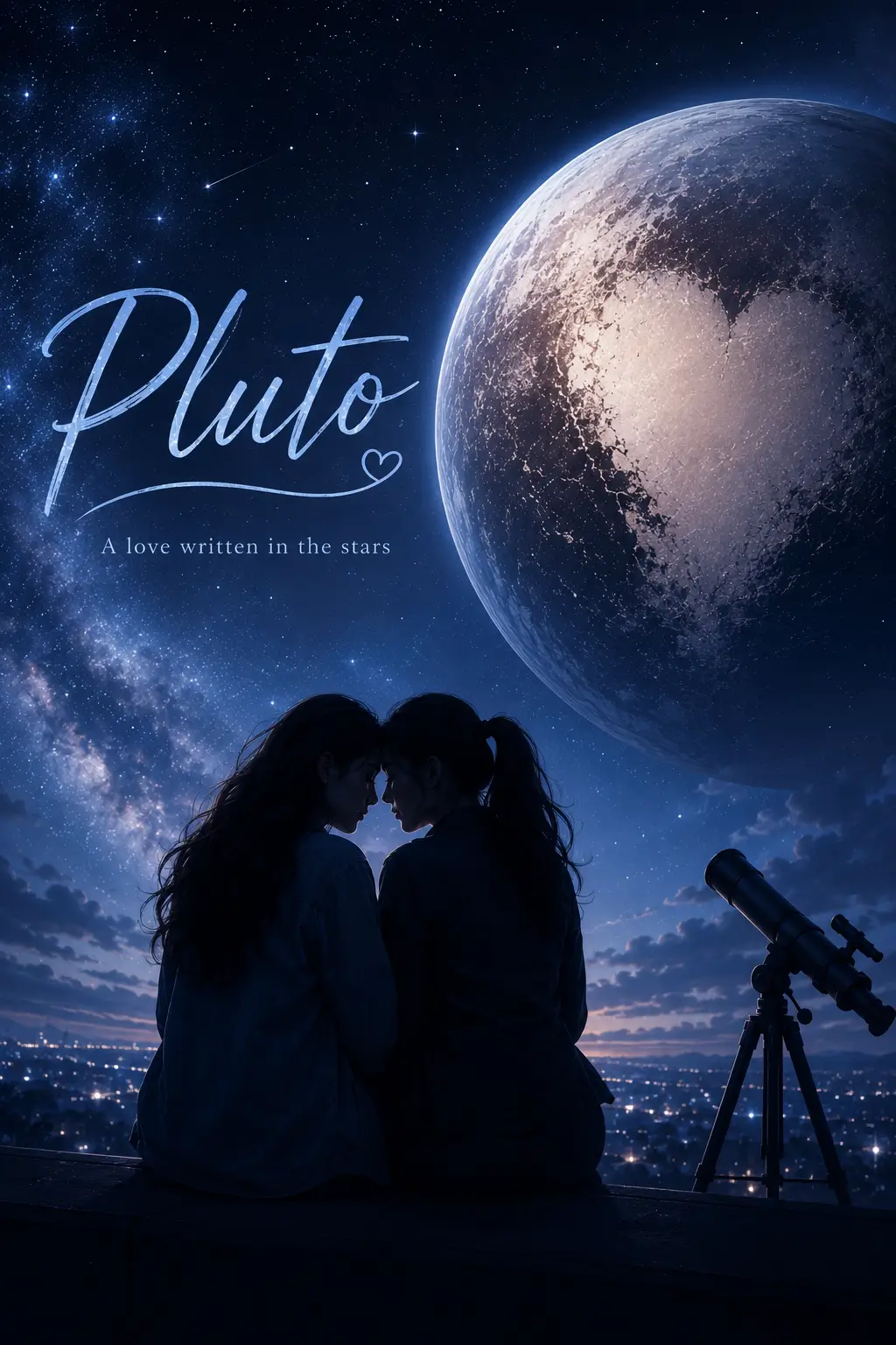 Pluto – AsianGL original artwork with a sophisticated celestial design, deep violet star field, glowing planetary orbit, and elegant silver-lilac lettering