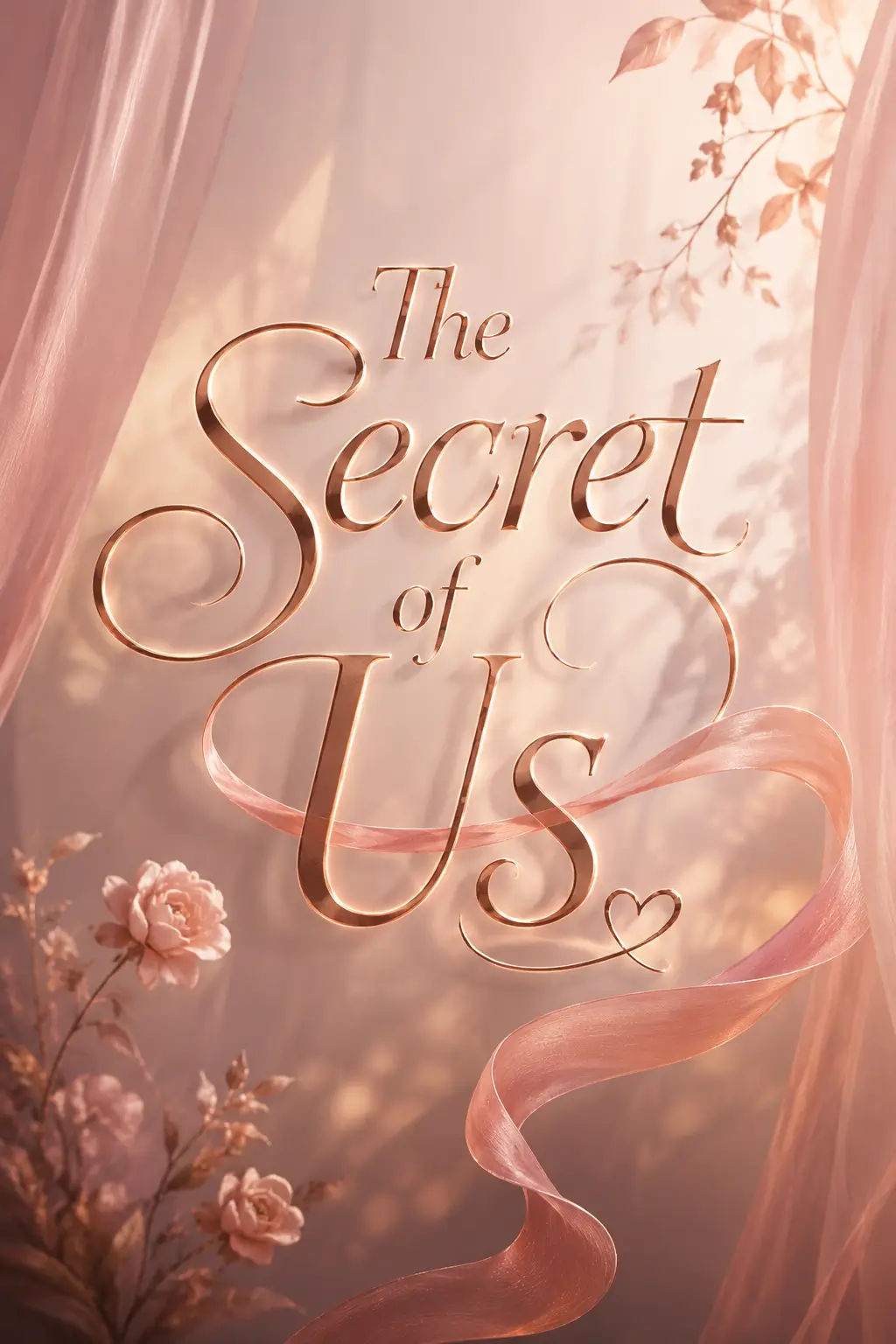 The Secret of Us – AsianGL original artwork with rose-gold lettering, blush curtains, soft flowers, and flowing ribbon