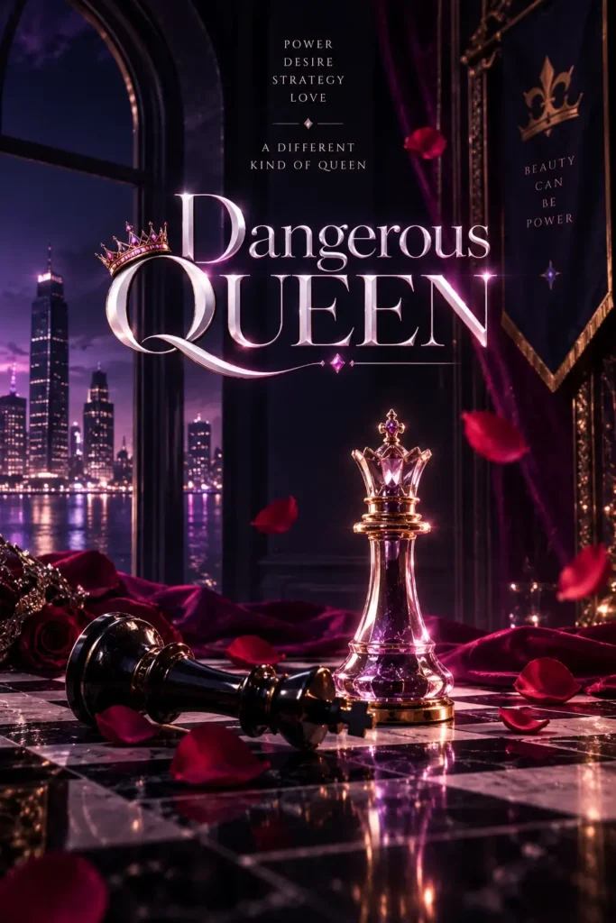 Dangerous Queen fan artwork featuring a jeweled queen chess piece, fallen king, royal curtains, roses, and a glowing city skyline in deep purple and pink tones.