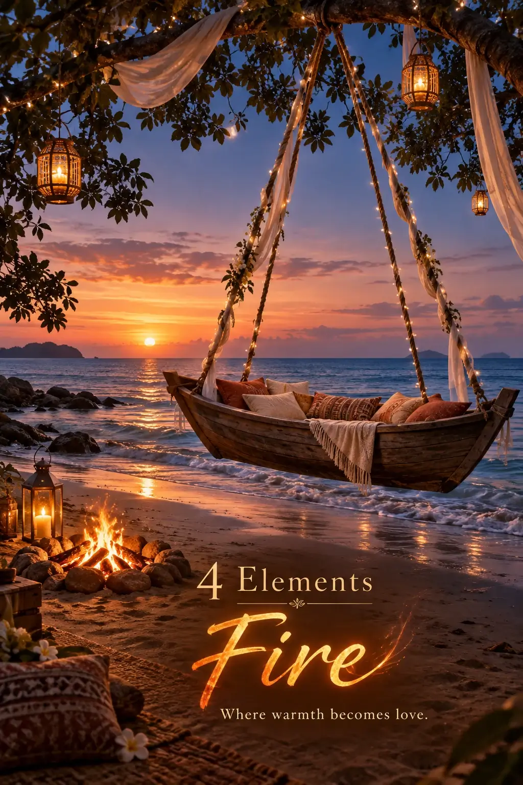 4 Elements: Fire fan artwork featuring a lantern-lit boat with pillows by the beach, a glowing campfire, and a warm sunset over the sea.