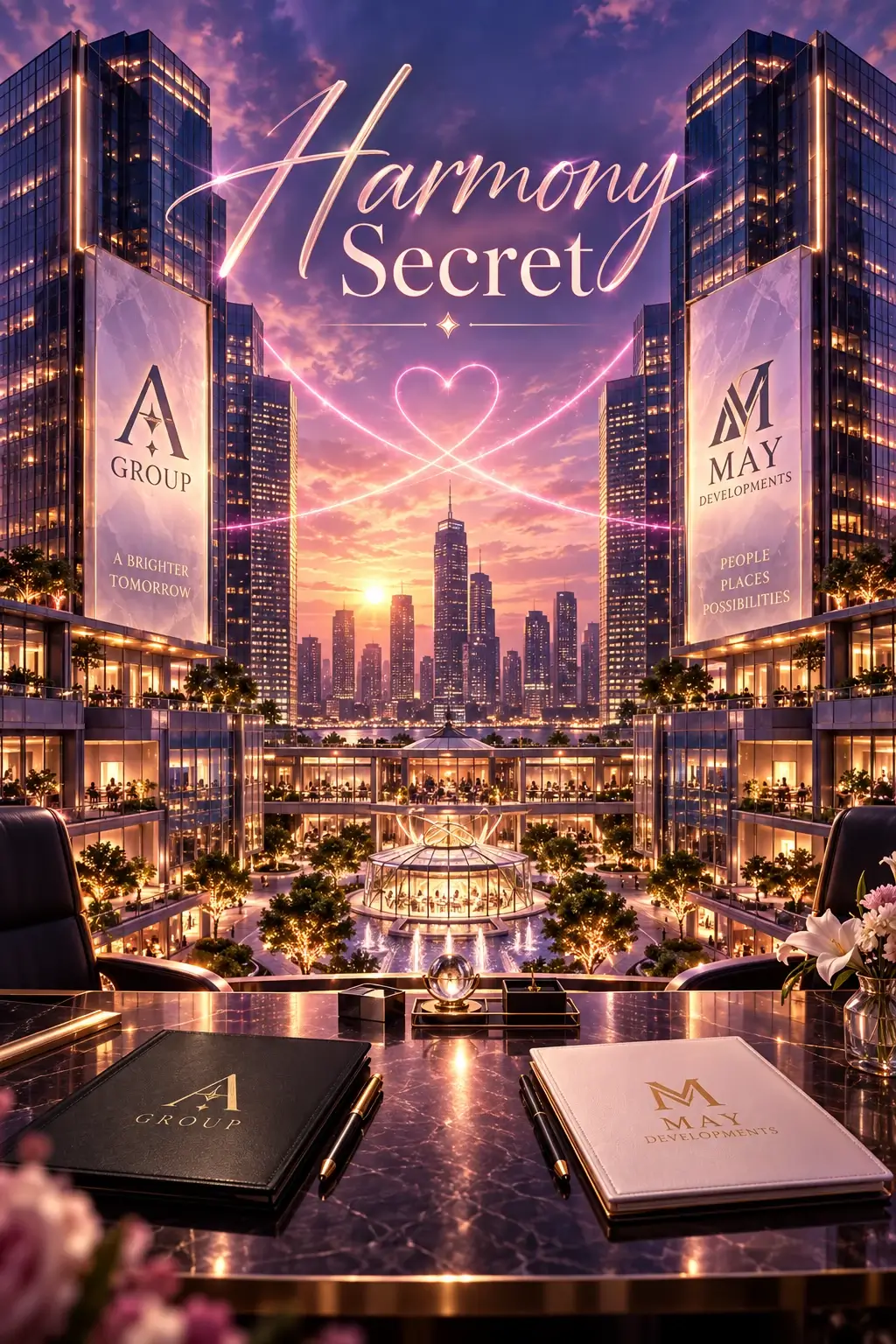 Harmony Secret fan artwork featuring two rival luxury towers, glowing city lights, corporate branding, and a heart-shaped light connecting both sides at sunset.
