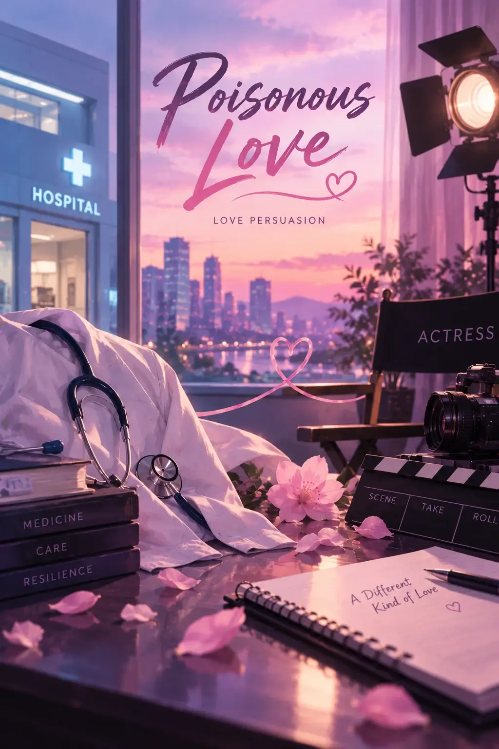 Poisonous Love fan artwork showing a hospital and film studio at sunset, with a stethoscope, camera, director’s chair, pink flowers, and a heart-shaped ribbon connecting both worlds.