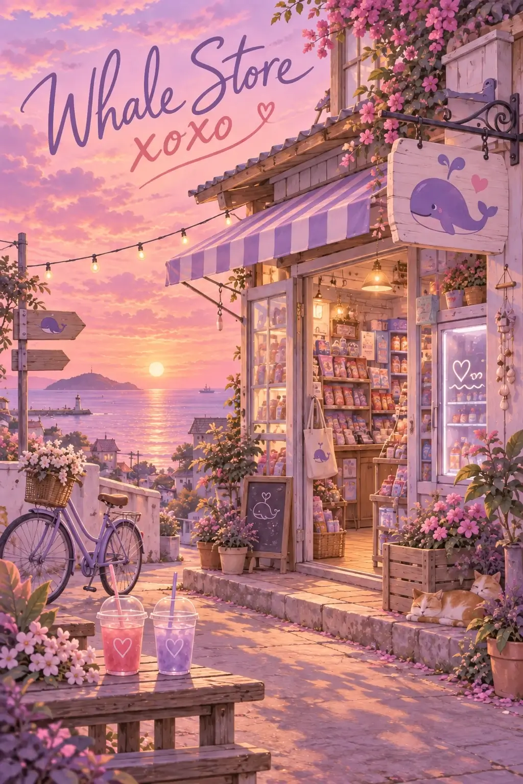 Whale Store xoxo fan artwork featuring a pink-and-purple seaside convenience store at sunset, with whale signs, flowers, a bicycle, and two drinks on a table