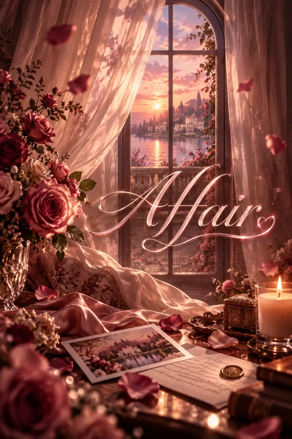 Affair fan artwork featuring a rose-filled room, flowing curtains, candlelight, a handwritten letter, and a romantic lakeside view at sunset.