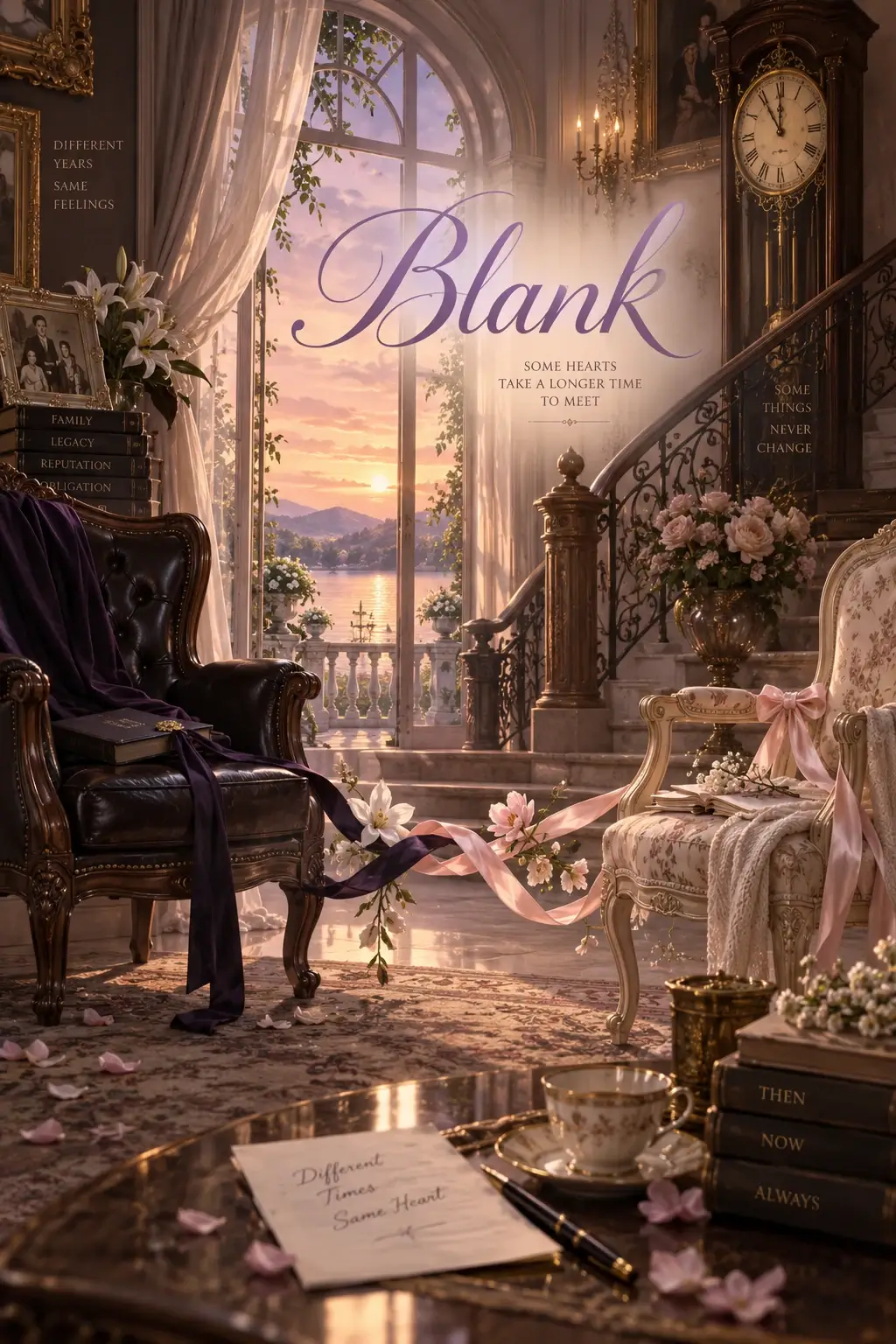 Blank fan artwork featuring an elegant mansion interior, antique clock, contrasting chairs, intertwined ribbons, flowers, and warm sunset light symbolizing love across different generations.