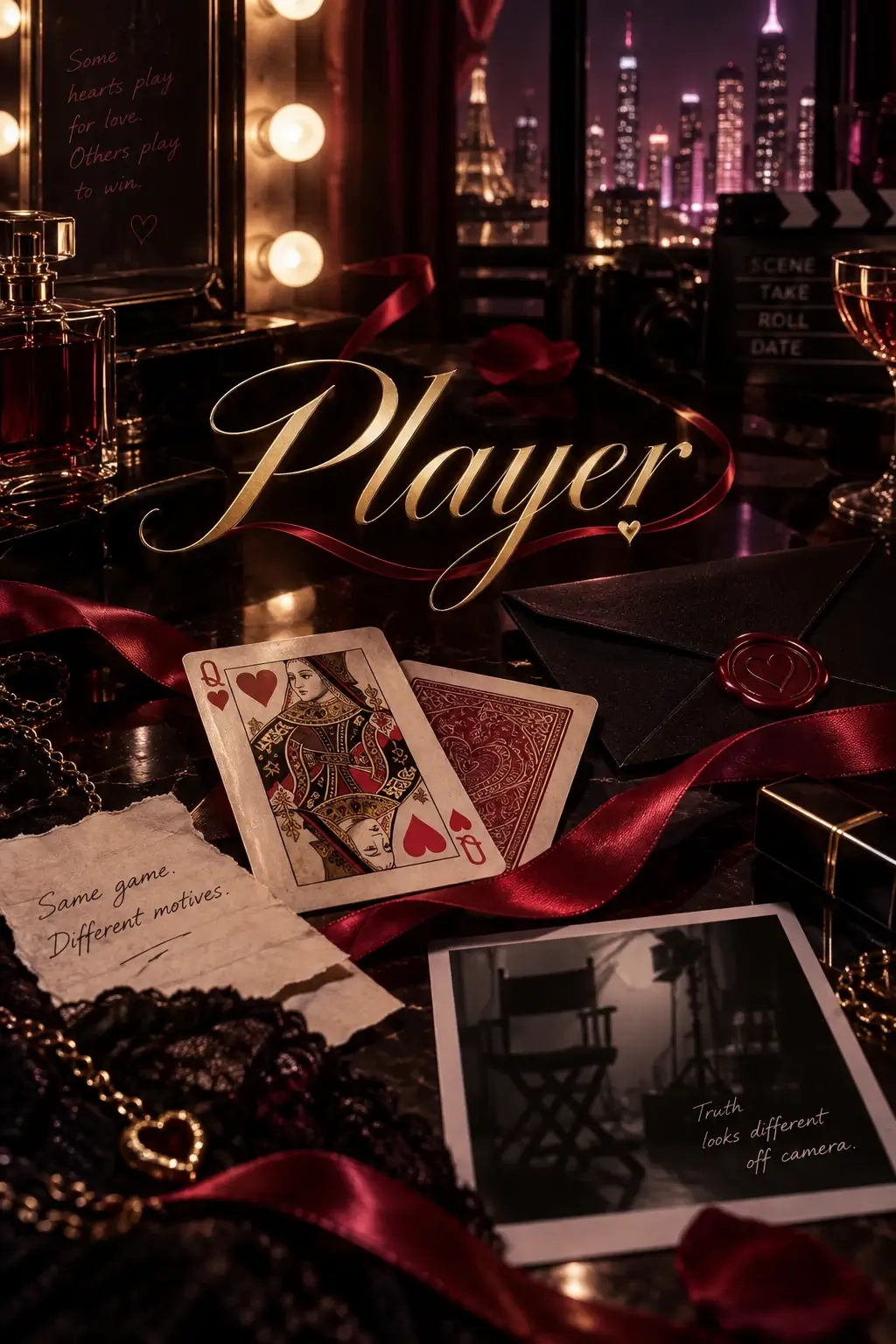 Player fan artwork featuring a glamorous actress dressing room, camera, clapperboard, red ribbon, Queen of Hearts card, sealed envelope, and dark city lights symbolizing secrets and manipulation.